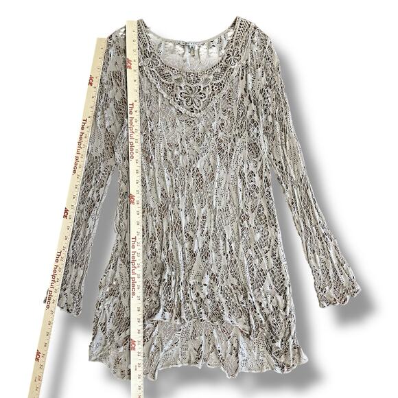 Tempo Paris Taupe Crochet Tunic Top M Boho Sheer Lace Knit Long Sleeve - Picture 4 of 6